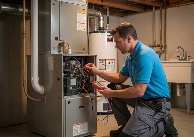 Breeze Boss HVAC technician inspecting residential heating system in Concord, North Carolina
