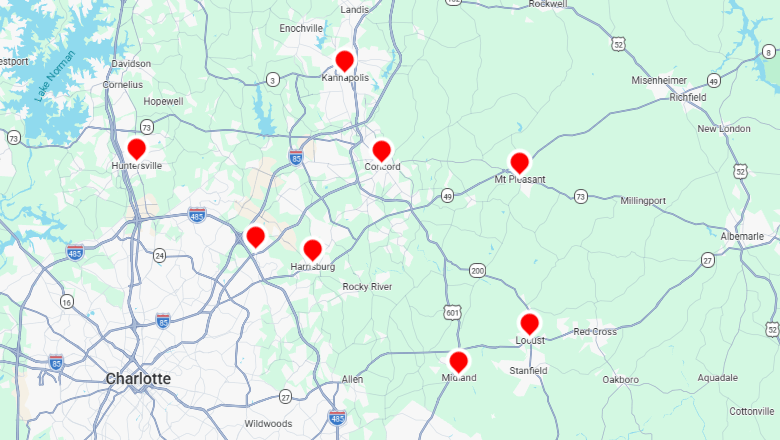 Breeze Boss residential HVAC service coverage map in Concord, North Carolina area
